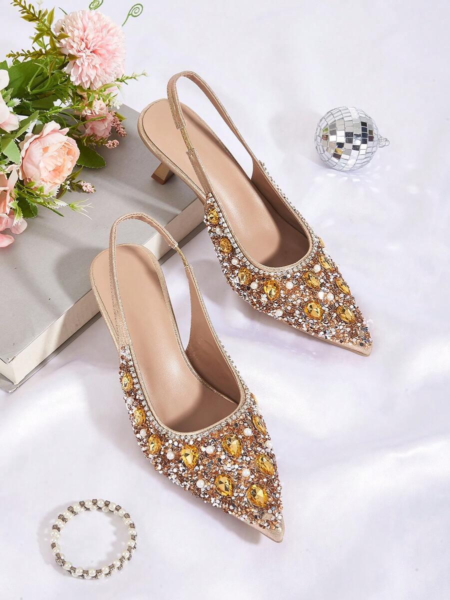 Women's 2025 New Luxury Rhinestone Fashionable Elegant Party Comfortable Pointed Toe High Heels,Kitten Heels - Gold - View 1