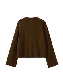 Women's Spring/Autumn New Knitted Cardigan, Casual Fashionable Elegant Style, Round Neck Metal Button Ribbed Design, Solid Brown Sweater Top, Suitable For Commuting And New Year Wear - Brown - View 7