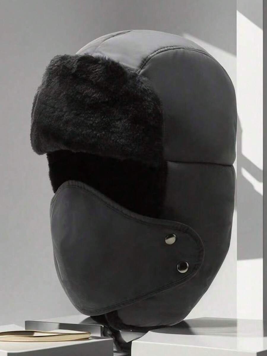 1pc Velvet Windproof Winter Balaclava Hat, Warm Cotton Lining Hunter Cap With Earflaps For Cold Weather Winter Outfits - Black C - View 1