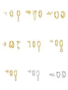 SereneSpark 3 chiếc khuyên tai bạc Sterling 925 đính kim cương dành cho nữ, khuyên tai dạng vòng, khuyên tai tối giản, thích hợp cho ngày kỷ niệm, trang sức cao cấp cho ngày kỷ niệm - Nhiều màu - Xem 1