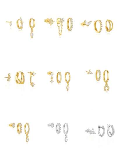 SereneSpark 3 piezas Pendientes de plata de ley 925 con diamantes para mujeres, pendientes de aro, pendientes minimalistas, adecuados para aniversario, joyería fina