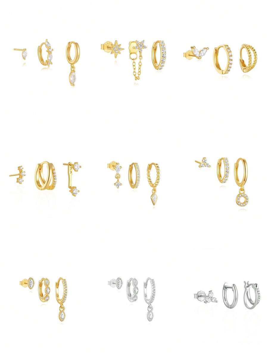 SereneSpark 3 chiếc khuyên tai bạc Sterling 925 đính kim cương dành cho nữ, khuyên tai dạng vòng, khuyên tai tối giản, thích hợp cho ngày kỷ niệm, trang sức cao cấp cho ngày kỷ niệm - Nhiều màu - Xem 1