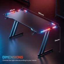 HLONONE Gaming Tisch, Gaming Schreibtisch mit LED, PC Tisch Gaming mit Carbonfaser-Oberfläche, Stabiler Computertisch für Gaming mit Kopfhörerhaken und Getränkehalter, Schwarz - Schwarz - Übersicht 9