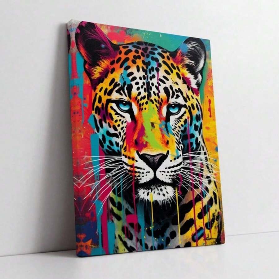 1pc, Modern Pop Art Leopard Canvas Wall Decor, Vibrant Graffiti Big Cat Print, Abstract Animal Painting Poster For Contemporary Home Styling, Framed Artwork For Living Room Bedroom Office, Unique Gift.