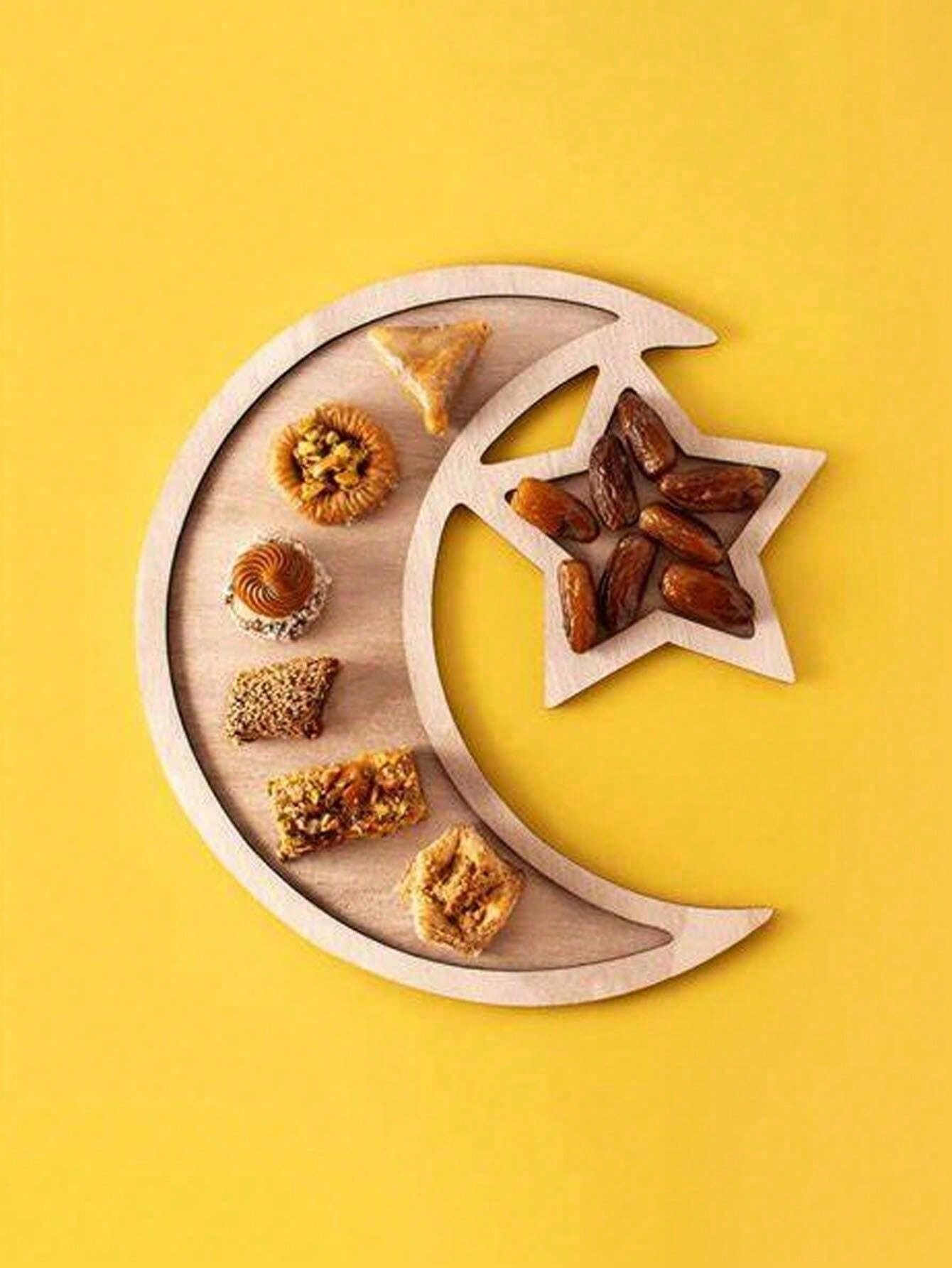 1 صينية خشبية بشكل نجمة وهلال، مناسبة لديكور التجم...