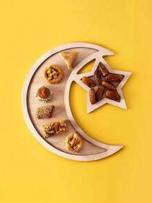 1pc Wooden Moon & Star Shaped Tray, Suitable For Home Gathering Decoration, Party Celebration Table Centerpiece Decoration, Fruit & Dessert Decoration, Plate Decoration, Party Decoration, Wooden Towel Decoration, Ramadan Decoration Tray, Eid Mubarak, Ramadan Kareem, Ramadan Greetings - Multicolor - View 2