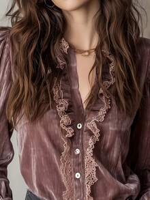 Women's Pink Velvet Blouse, Solid Color Lace Patchwork Ladies Shirt, Elegant Everyday Wear For All Seasons - Dusty Pink - View 5