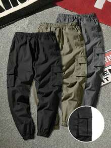 3pcs/Set Teen Boy Casual Outdoor Workout Sports Cargo Pants With Pockets, Straight Leg & Cuffed, School Style, Spring/Autumn/Winter - Black - View 2