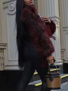 Women's Fashion Faux Fur Crocodile Print Jacket, Collar Design, Waist Belt Detail, Zipper Closure - Burgundy - View 2