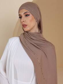 1 buah Jilbab Wanita Polos Bahan Jersey Lembut, Dekorasi Rhinestone, Jilbab Panjang Kasual Gaya Arab, Warna Solid Konservatif, Cocok untuk Penggunaan Sehari-hari dan Sebagai Pelengkap Pakaian - Chocolate Brown - View 5