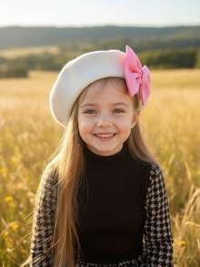 1pc Girls' White Big Bow Beret Hat, Solid Color, All Season, Vintage Style, Children's Warm Decorative Hat For Autumn/Winter - 1PC - View 9