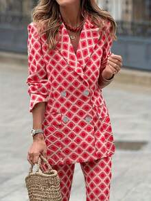 女士优雅情人节粉色双排扣翻领长袖西装外套，春秋季 - 粉色 - 查看 4