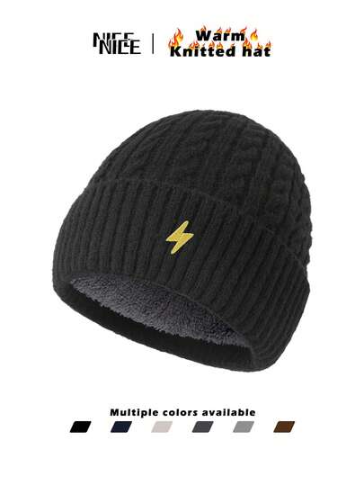 1 pièce Bonnet tricoté avec broderie éclair pour hommes, casquette d'hiver doublée thermique chaude, chapeau de ski coupe-vent unisexe, casquette polyvalente de mode pour l'extérieur, cadeau idéal pour les amis et la famille