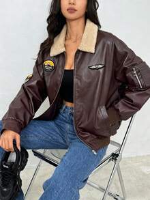 Womens Casual Bomber Jacket With Shearling Collar Long Sleeve PU Leather Warm Lined Plain Outerwear With Pockets - 咖啡棕 - 查看 1
