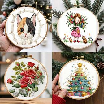 4pcs Embroidery Starter Kit With Floral Pattern And Instructions, Includes Embroidery Hoop, Threads, And Needles, Suitable For Beginners, DIY Cross Stitch Decoration, 7.87x7.28in Embroidery Craft Set, Ideal Gift For Halloween/Thanksgiving/Valentine's Day/Christmas/Birthday