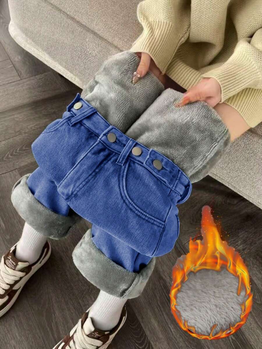 Jeans droits décontractés pour femmes avec doublure thermique et poches - Jean bleu - Voir 1