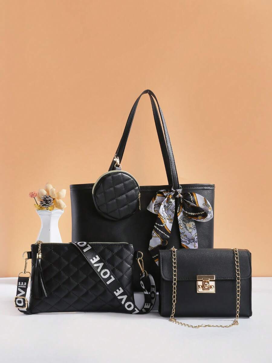 Juego de 4 bolsos de mujer - ¡Esencial de moda! Bolso de hombro, bandolera, bolso de mano y mini bolso, versátil, elegante y espacioso, adecuado para diversas ocasiones, muy vendido en el comercio transfronterizo - Negro - Ver 1
