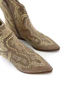 Women's Western Style Rhinestone Embellished Mid-Calf Boots - Khaki - View 6