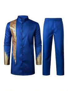 Men's Casual Long-Sleeved Two-Piece Suit, Mid-Length Top And Trousers  Baroque    Regular Fit    Button Front  Pocket  Knot    Halloween  Christmas - Màu xanh lam - Xem 2
