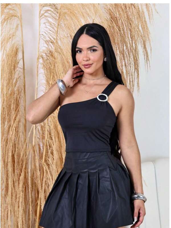 BLUSA CROPPED FEMININA UM OMBRO SO ARGOLA DECORATIVA SIMPLIS E ELEGANTE