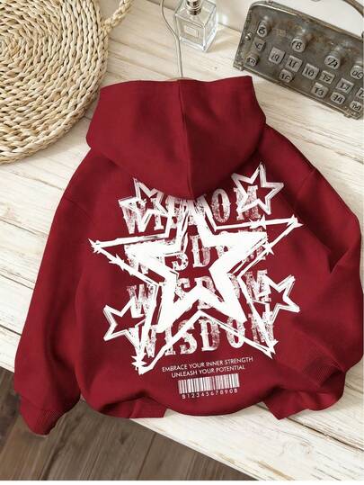 Sudadera con capucha de forro térmico de ajuste holgado con estampado de estrella, letra y código de barras en color borgoña para mujer, otoño/invierno