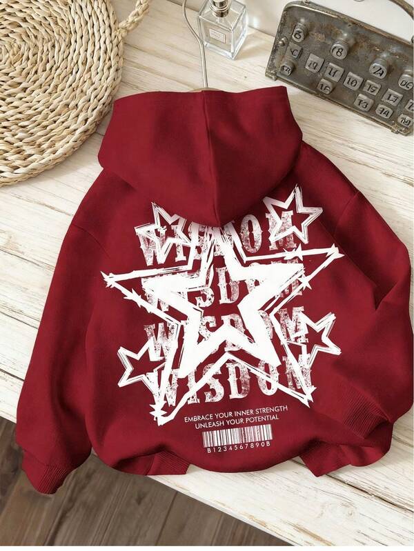 Sudadera con capucha de forro térmico de ajuste holgado con estampado de estrella, letra y código de barras en color borgoña para mujer, otoño/invierno