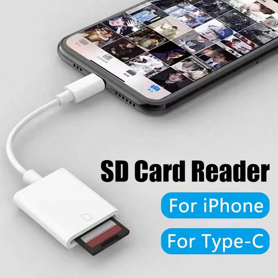 1pc SD Card Camera Reader Viewer Adapter For IPhone 17 Pro Max/17 Pro/17/Air/16/15/14/13/12/11/XS/XR/8/7/6, Series, Plug And Play - White - View 1
