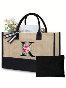 Juego de bolsas de lona con iniciales florales negras de la A a la Z, incluye bolsa de almacenamiento de maquillaje, bolsa de regalo personalizada, adecuada para boda, cumpleaños, playa, vacaciones, escuela, es un gran regalo para mujeres, mamá, maestros, amigos, damas de honor, estudiantes, bolsa grande, artículos de primera necesidad, regalos perfectos para vacaciones, cumpleaños, Acción de Gracias, Pascua, Navidad