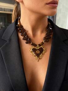 Monlansher New Fashion Women Leopard Pendant Necklace With Stainless Steel Heart Pendant, Lightweight Luxury Versatile Everyday Wear - Gold - View 1