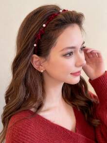 1件装 时尚秋冬植绒蝴蝶结仿珍珠合金简约发箍 女士发饰 - 紅色 - 查看 2