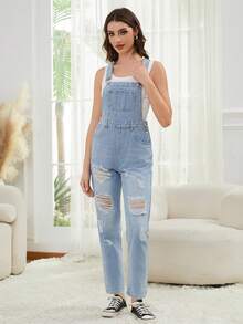 Women Plain Pocket Washed Ripped Slim Waist Denim Bib Overall Jumpsuit - Blue - View 2