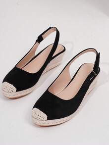 Women's Solid Color Slingback Casual Retro Wedge Platform Slingback Shoes - Black - View 8