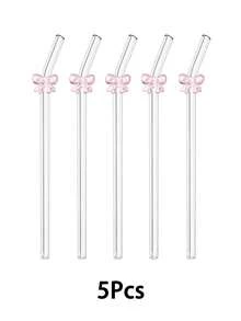 1/2/4/5/6/8支装可爱卡通玻璃吸管，带粉色蝴蝶结/蝴蝶/爱心/大蝴蝶结吊坠，适用于水杯，防碎可重复使用透明玻璃吸管，配有清洁刷，适用于冷饮、奶茶、咖啡、果汁、冰沙，厨房、餐厅、鸡尾酒会、返校季、送给男女朋友、父母、朋友、节日用品、新年、情人节。 - 粉色 - 查看 22