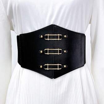 1 st midjeband i svart, guld, brett PU-läderbälte för kvinnor