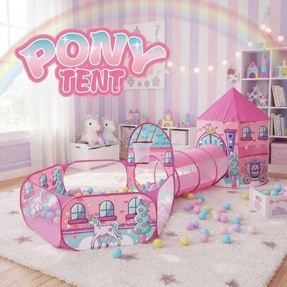 公主童话玩具城堡帐篷，球坑 - 游戏帐篷 - 游戏隧道，粉色独角兽，可折叠儿童角色扮演玩具，便携式户外游戏屋，男孩和女孩的理想节日和圣诞节礼物，不含球
