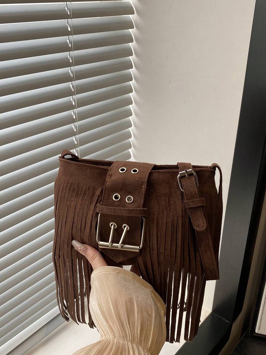 Tas Bahu Dekorasi Rumbai Vintage, Tas Selempang Suede Berkualitas Tinggi - Kopi - View 1