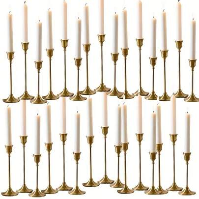 Set Of 30/18 Elegant Vintage Brass Metal Taper Candle Holders - Decorative Candle Holders With Sturdy Base And Polished Gold Finish, Ideal For Table Centerpieces, Thanksgiving, Christmas, Easter, (Candles Not Included)