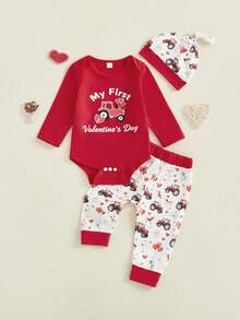 Baby Boy Valentines Day Outfit Tractor Heart Long Sleeve Romper Pants And Knotted Hat 3 Piece Set - 紅色 - 查看 2