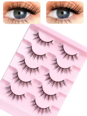 5 par fluffiga naturliga lösögonfransar i ett stycke, smala och mjuka tecknade ögonfransar lämpliga för nybörjare