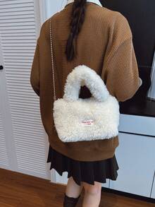 Bolsa de Mão Fashionável de Pelúcia, Bolsa de Ombro, Cor Sólida, Outono/Inverno, Bolsa Transversal Pequena - A - Visão 5