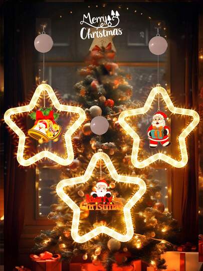 1pc Christmas Decoration Hanging Ornament, Creative Christmas Decoration Light, Christmas Gift, Five-Pointed Star Running LED Light, Window Atmosphere Decor Hanging Lamp, Suitable For Christmas Atmosphere Decoration, Storefront Display, Shop Decor, Window Decor