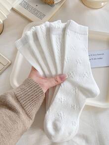 4 Pairs Women's Solid Color Ruffle Hem Printed Mid-Calf Socks, Fashion, Soft & Comfortable, Suitable For Back To School Season And All Seasons, Random Color Assortment - White - View 4