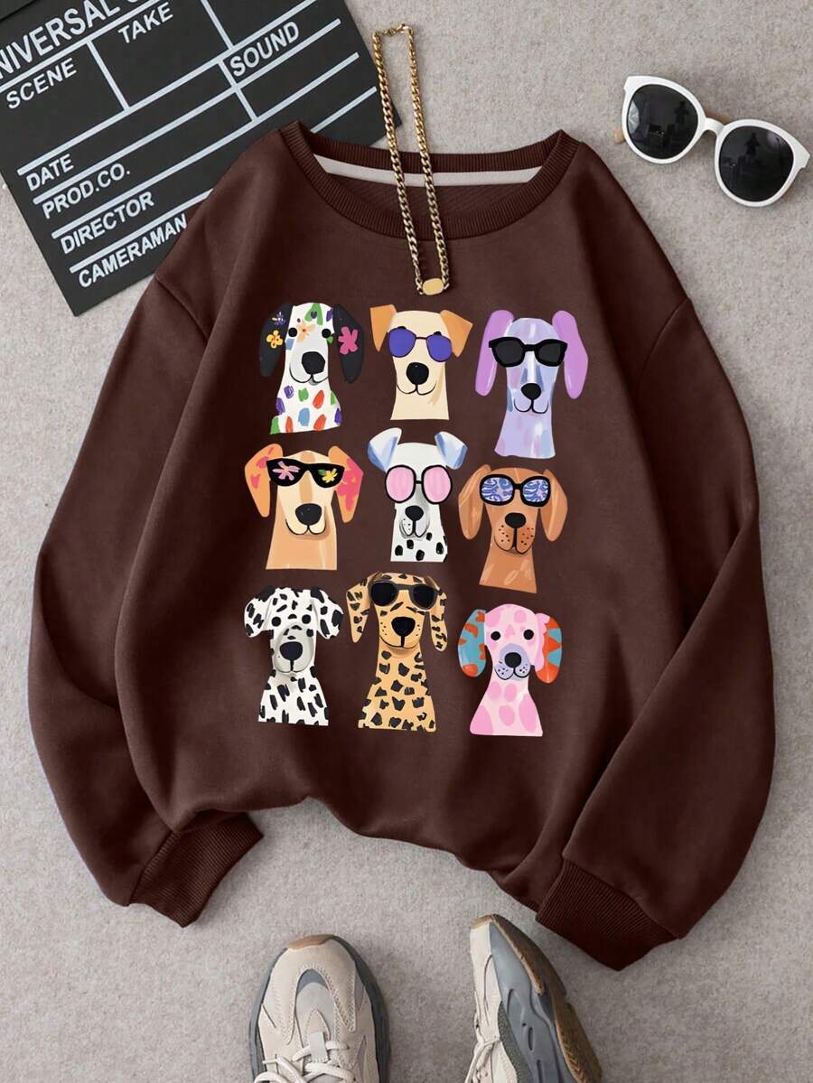 Girls' Cute Dog Graphic Casual Minimalist Long Sleeve Sweatshirt, Fashionable Crew Neck Pullover, Suitable For Autumn/Winter - Brown - View 1