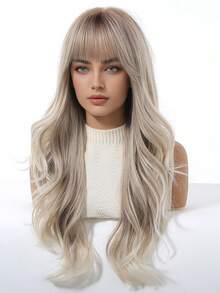 28-Inch Gray Ombre Wavy Wigs For Women With Bangs Long Natural Synthetic Hair Wig Daily Cosplay Heat Resistant - Màu xám ombre - Xem 5