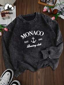 MONACO EST 1995 Racing Club Anchor Print Vintage-Style Sweatshirt, Retro Racing Monaco-Inspired Top, Plus Size Washed Sweatshirt, Crew Neck Long-Sleeve, Winter Lined, Women's Sports Pullover, Sweatshirt, Plus-Size Sportswear, Plus-Size Women's Clothing, Autumn And Winter Season, Comfortable Loose Fit, Plus-Size Autumn And Winter Apparel, Everyday Casual Wear.