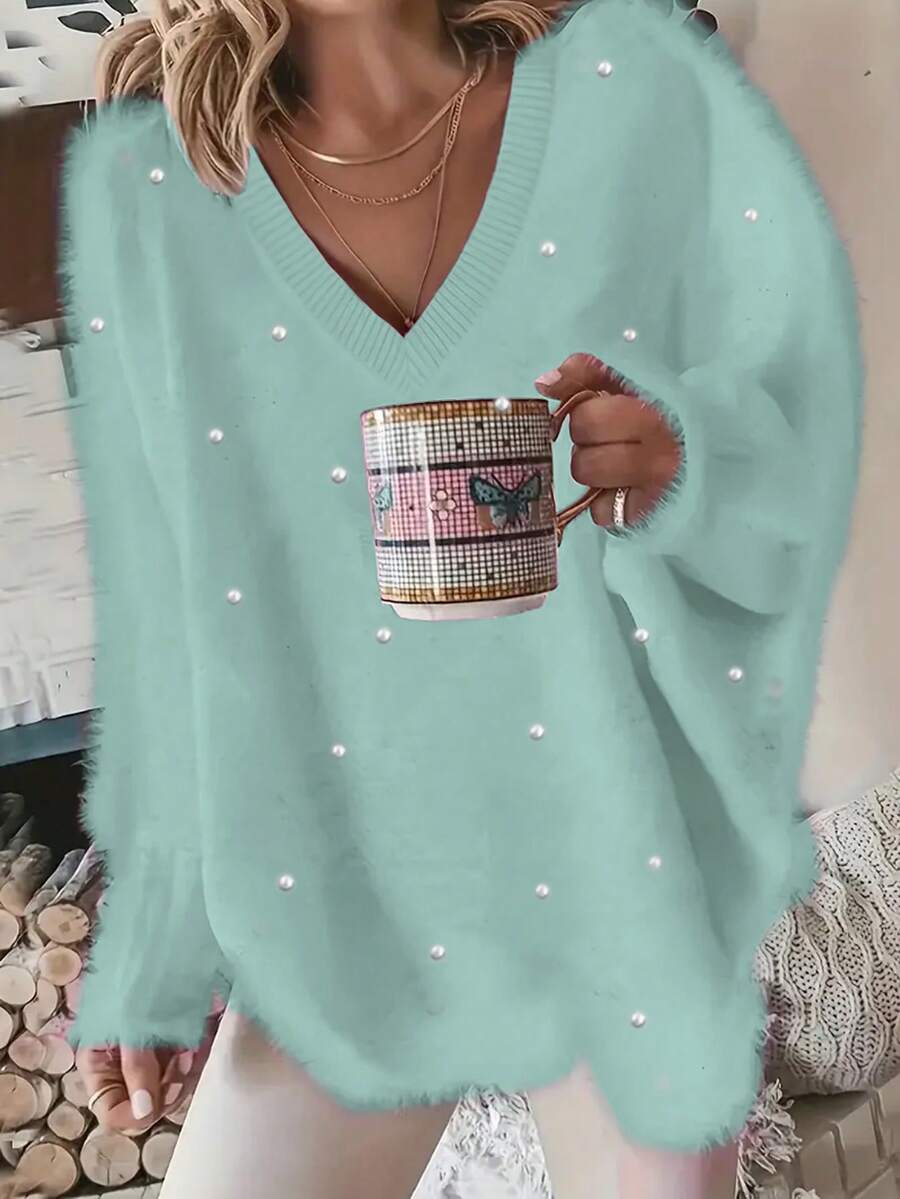 Plus Size Solid Color V-Neck Beaded Knitted Sweater, Casual For Autumn/Winter