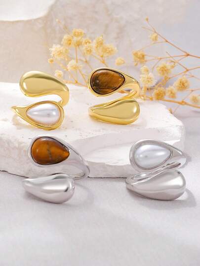 2pcs/1pc Fashionable Unique Interlock Glossy Water Drop Open Ring, Suitable For Women Daily Wear/Gift Jewelry