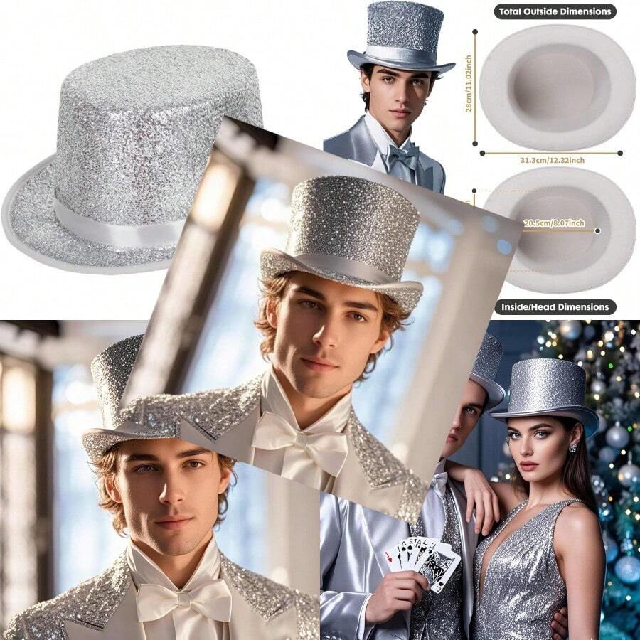 Barelove Top Hats For Men Women Adults Shiny Magician Hat Tuxedo Hat Victorian Dress Up Christmas Top Hats - 閃亮銀飾 - 查看 1