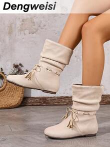 بوت نسائية بيج مطوية بشراشيب منتصف الساق، أنيقة متعددة الاستخدامات للارتداء اليومي والعطلات، ذات أصابع قدم مستديرة مسطحة، موضة خريف/شتاء - بيج - مشاهدة 1