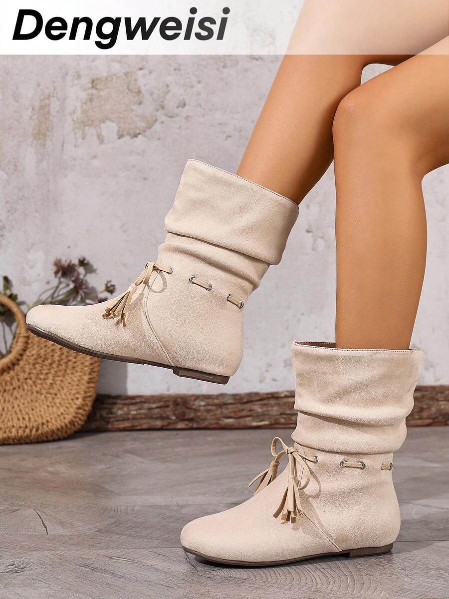 بوت نسائية بيج مطوية بشراشيب منتصف الساق، أنيقة متعددة الاستخدامات للارتداء اليومي والعطلات، ذات أصابع قدم مستديرة مسطحة، موضة خريف/شتاء - بيج - مشاهدة 1